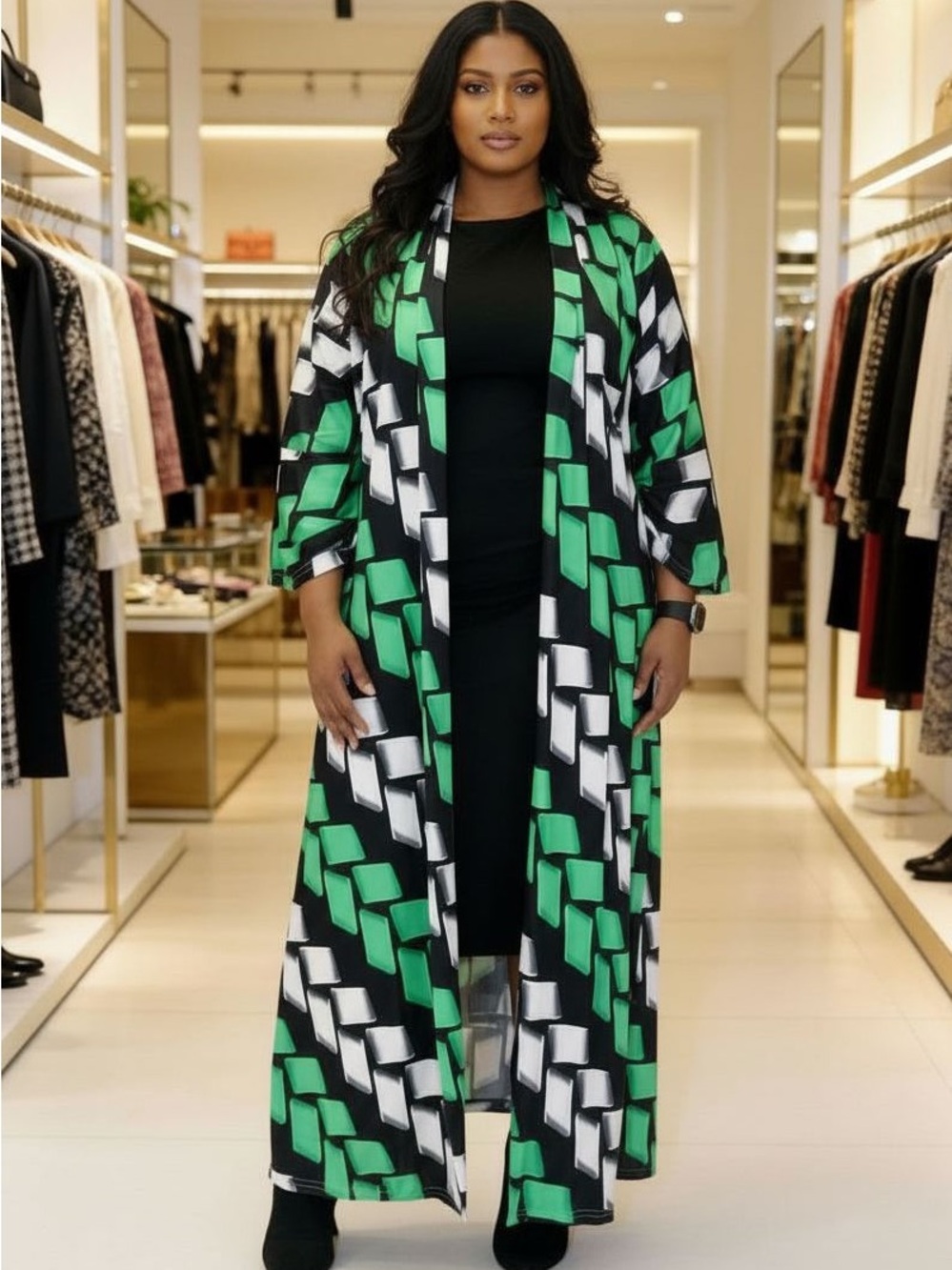 Open Front Maxi Duster Dress in Green Geometric Print